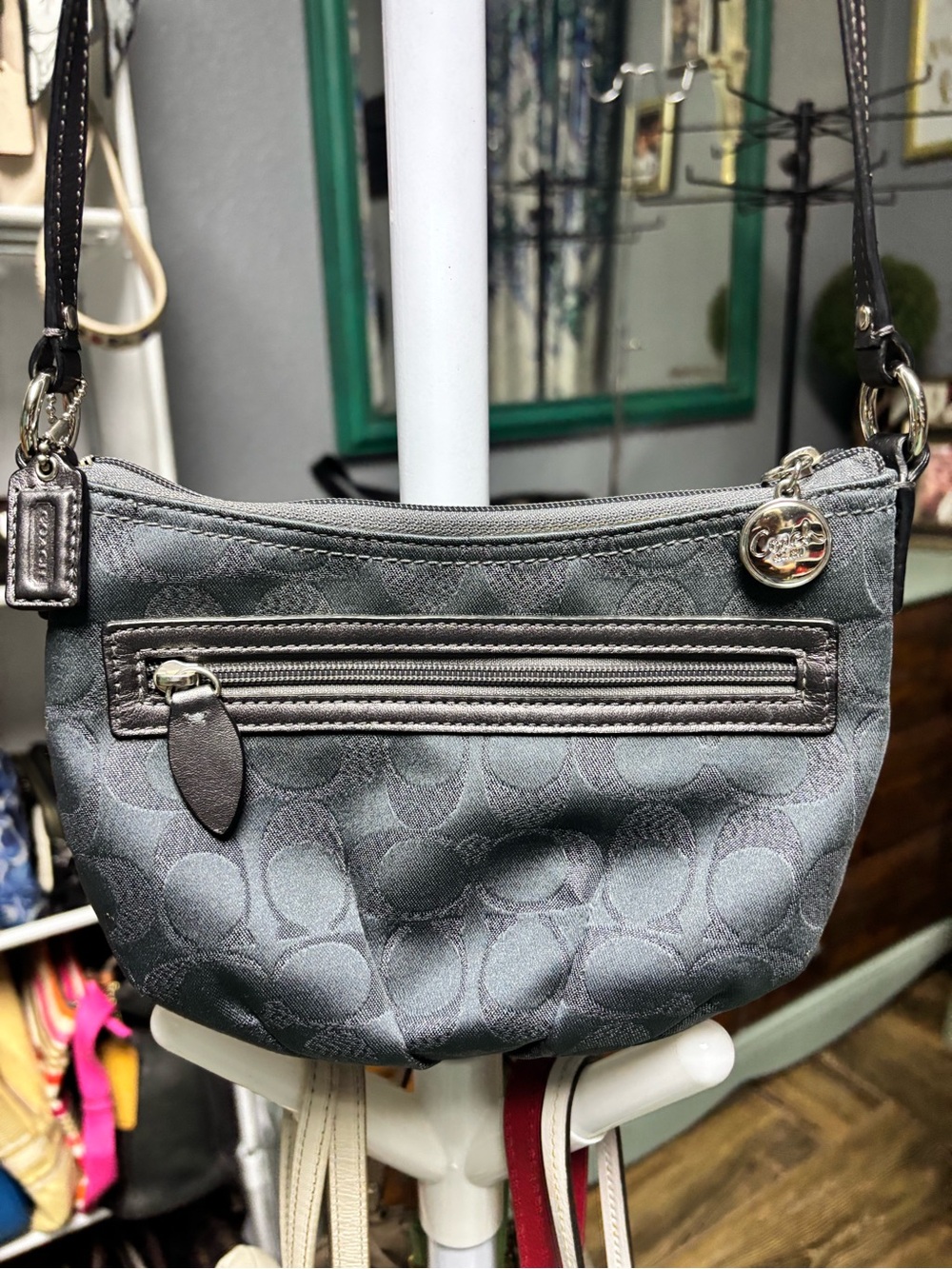 Coach Signature Jacquard Small Shoulder Bag Gray Black Purple Lining